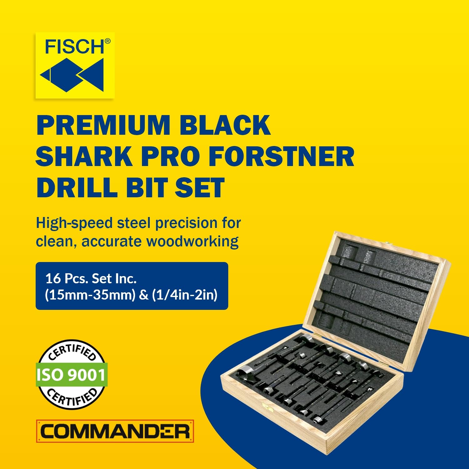 Fisch Black Shark Forged Steel Forstner Drill Bit Set for Woodworking, Precision Wave Design, Clean Cuts in Hardwoods, MDF, and Plywood, Made in Austria - 16 Pcs. Set (15mm-35mm) & (1/4in-2in)