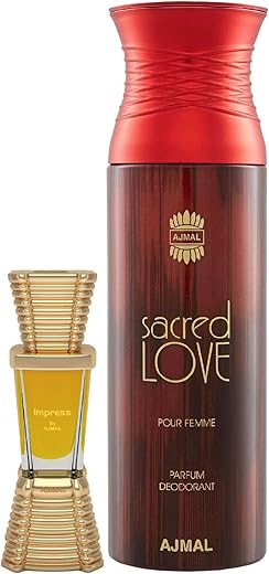 Ajmal Impress Concentrated Perfume Oil Citrus Alcohol-free Attar 10ml for Men and Sacred Love Deodorant Floral Musky Fragrance 200ml for Women FREE