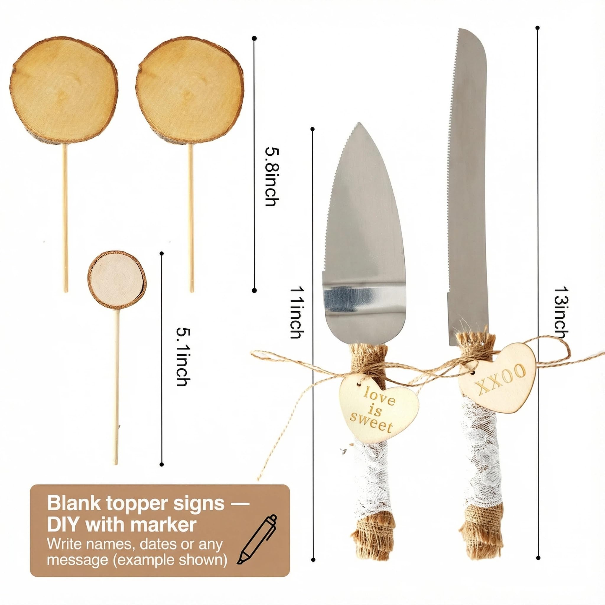 Relaxing Garden Customizable 12 Inch Rustic Wood Cake Stand Set with Bark Edge, Cake Knife & Server + Blank Wood Slice Topper — Cake Display for Weddings, Birthdays, Showers & Holiday Celebrations