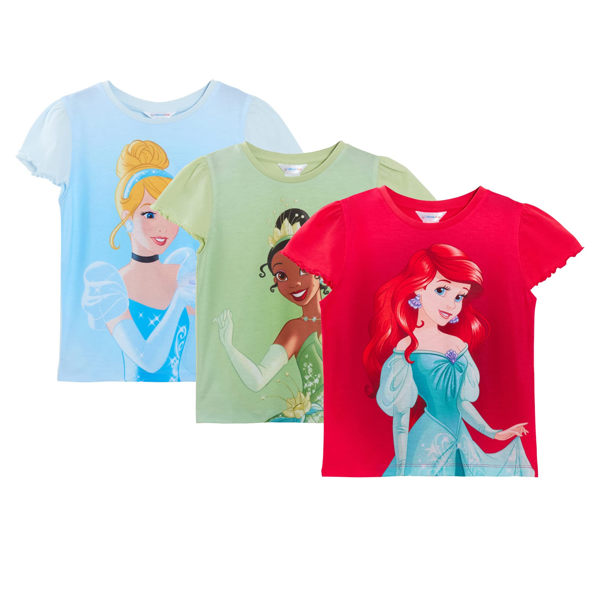 Disney Set di 3 T-Shirt Principesse per Ragazze, Ariel la Sirenetta, Tiana e Cenerentola, Magliette a Maniche Corte