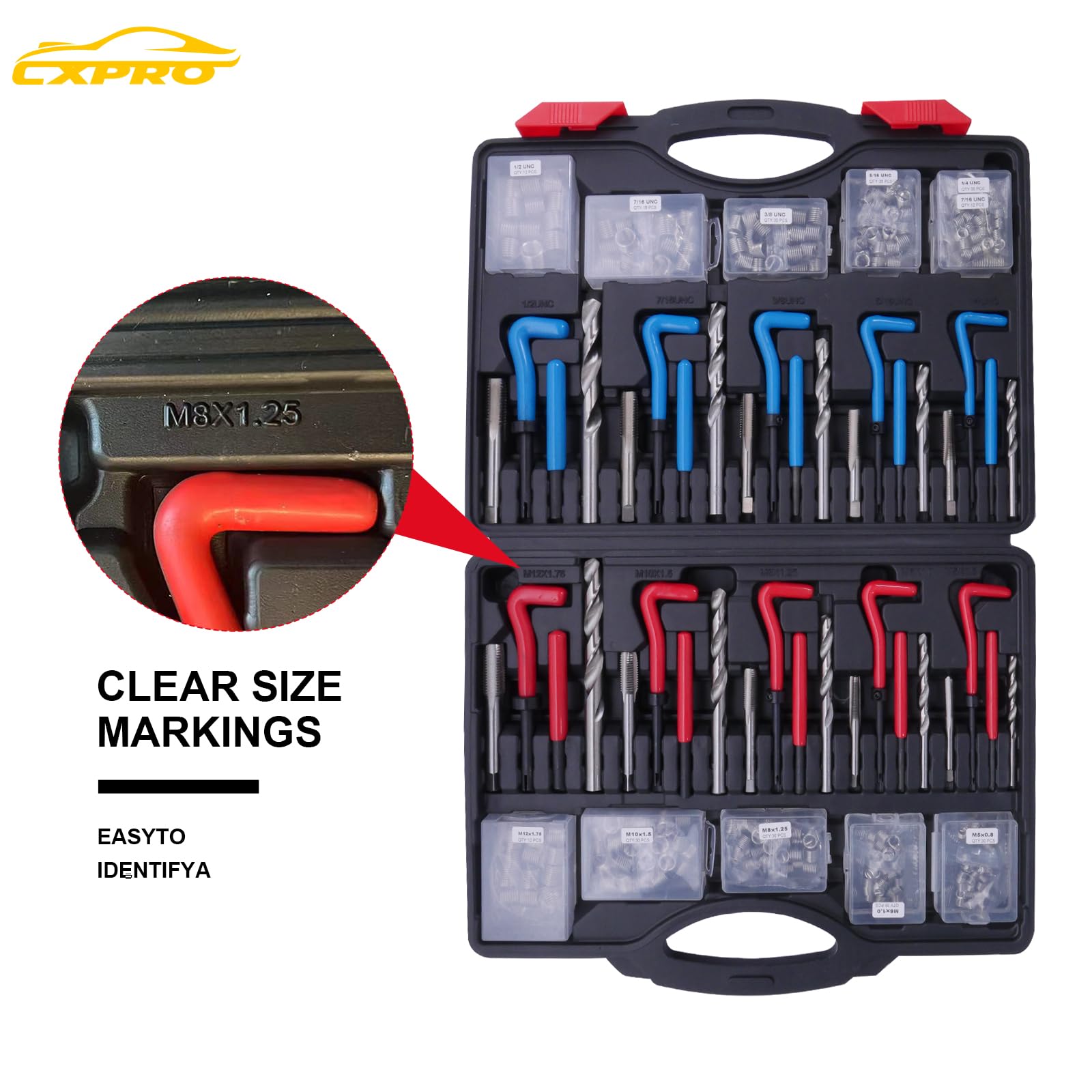 Kit di riparazione per filettatura, 314 pezzi, kit di riparazione metrico Helicoil con punte da trapano HSS, inserti per rubinetti, strumenti di rottura: M5, M6, M8, M10, M12, kit Helicoil SAE: