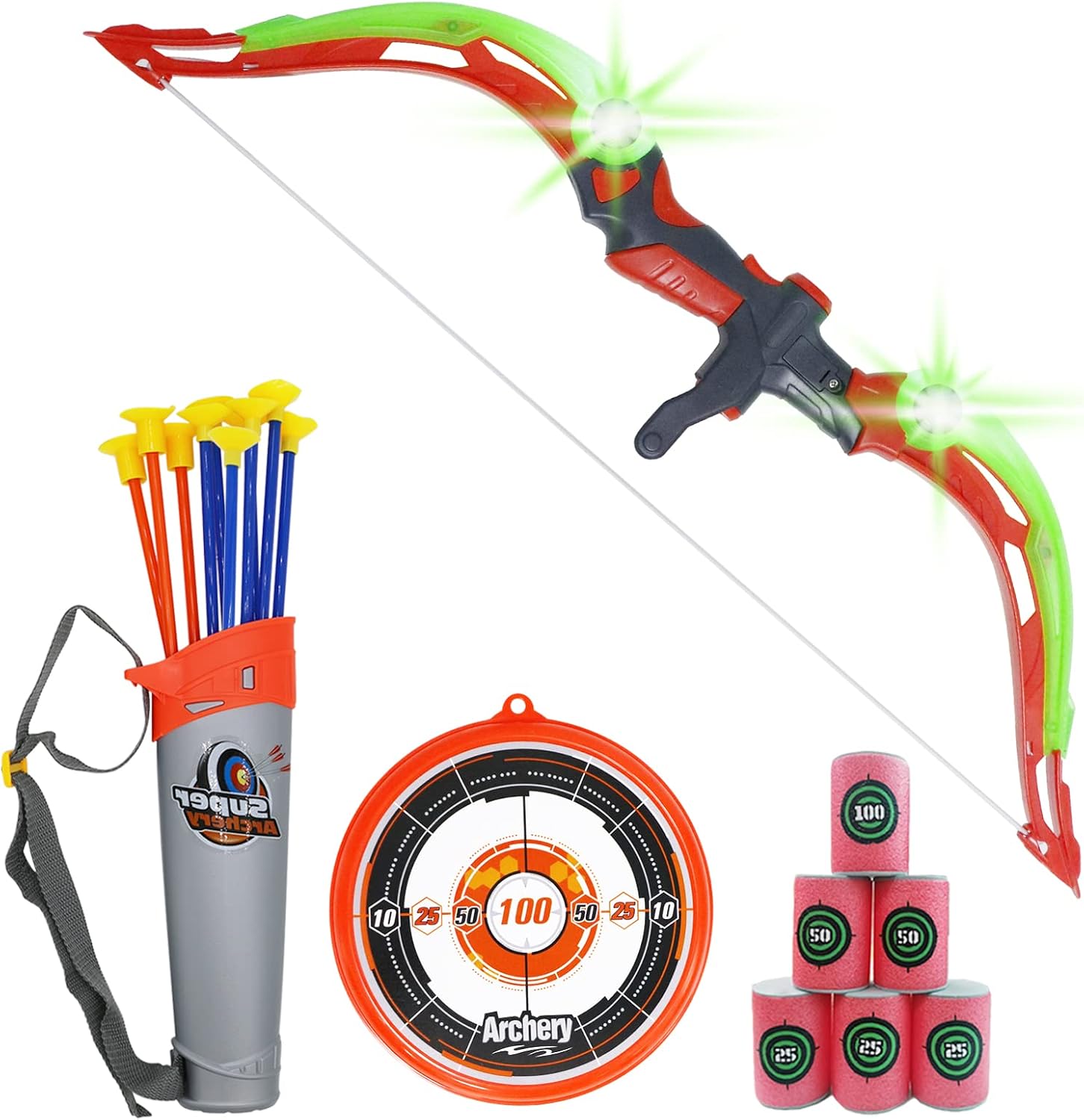 NWESTUN Bow and Arrow for Kids with LED Flash Lights - Archery Bow with 10 Suction Cups Arrows, 6 Foam Targets, Target and Quiver, Gifts for 4-12 Year Old Boys, Green