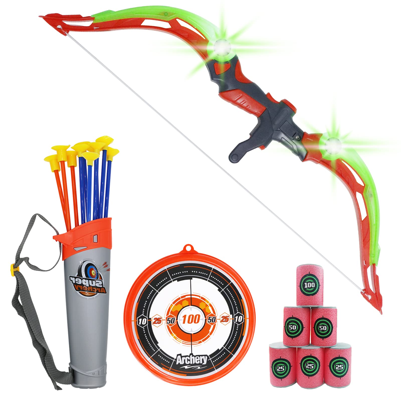 Bow and Arrow for Kids with LED Flash Lights - Archery Bow with 10 Suction Cups Arrows, 6 Foam Targets, Target and Quiver, Gifts for 4-12 Year Old Boys, Green