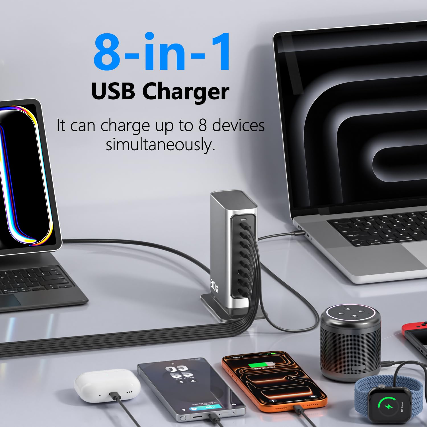 Caricatore USB C Multiplo 600W, Stazione di Ricarica GaN 8 Porte con Uscita Max 140W, Alimentatore PD PPS QC Compatibile con MacBook Pro/Air, Laptop, iPhone, Samsung ecc