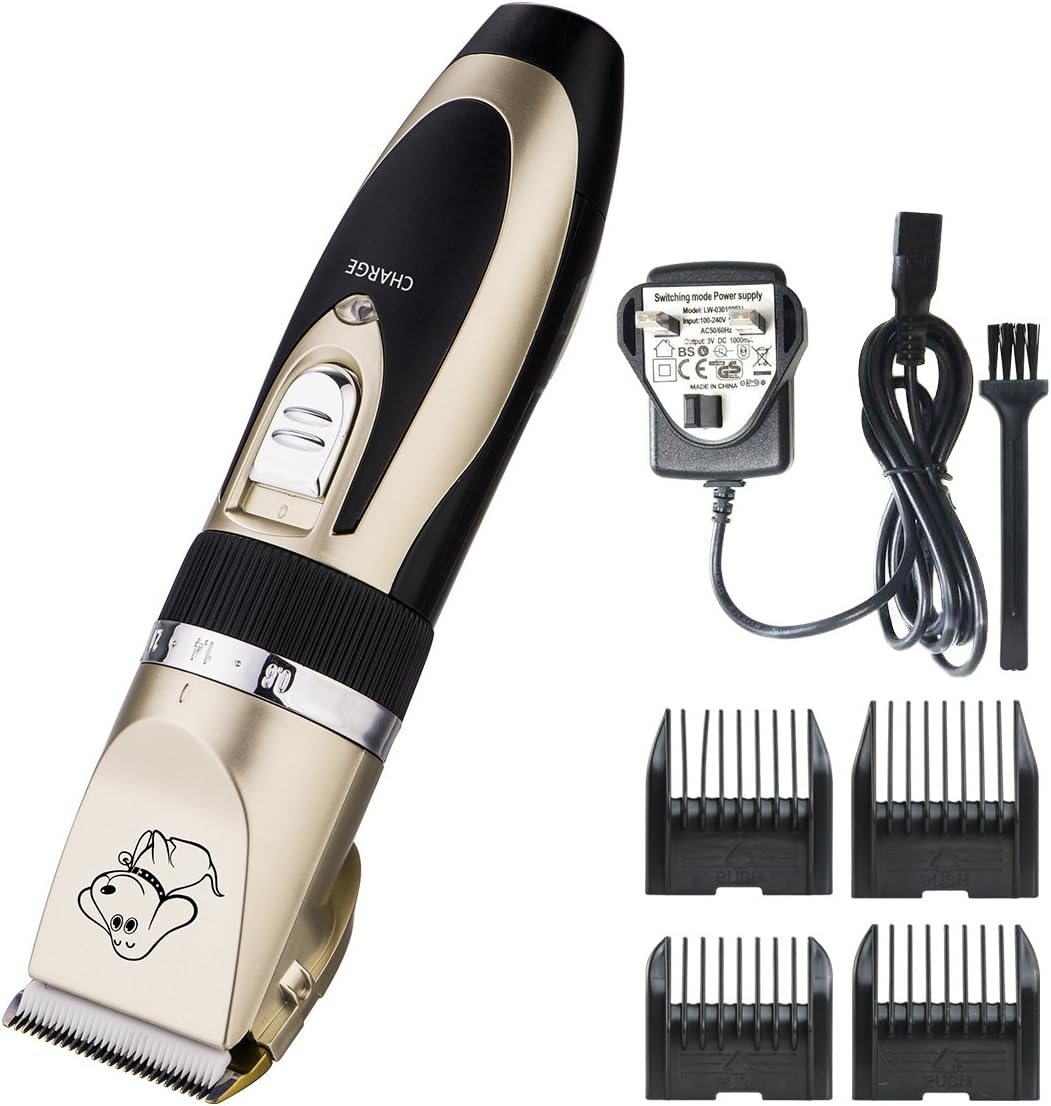 HANHAOPEAK Pet Grooming Clippers, Professional Low noise Rechargeable Cordless Electric Hair Trimming Clippers Set with Comb Guides for Dogs Cats and House Animals (Gold)