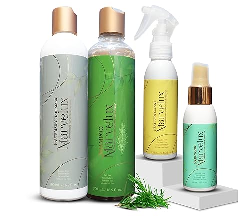 Marvelux Kit de cuidado del cabello  Champú anticaída de romero  Máscara reparadora, protector térmico y tónico sin enjuague  Aroma de coco  Rutina
