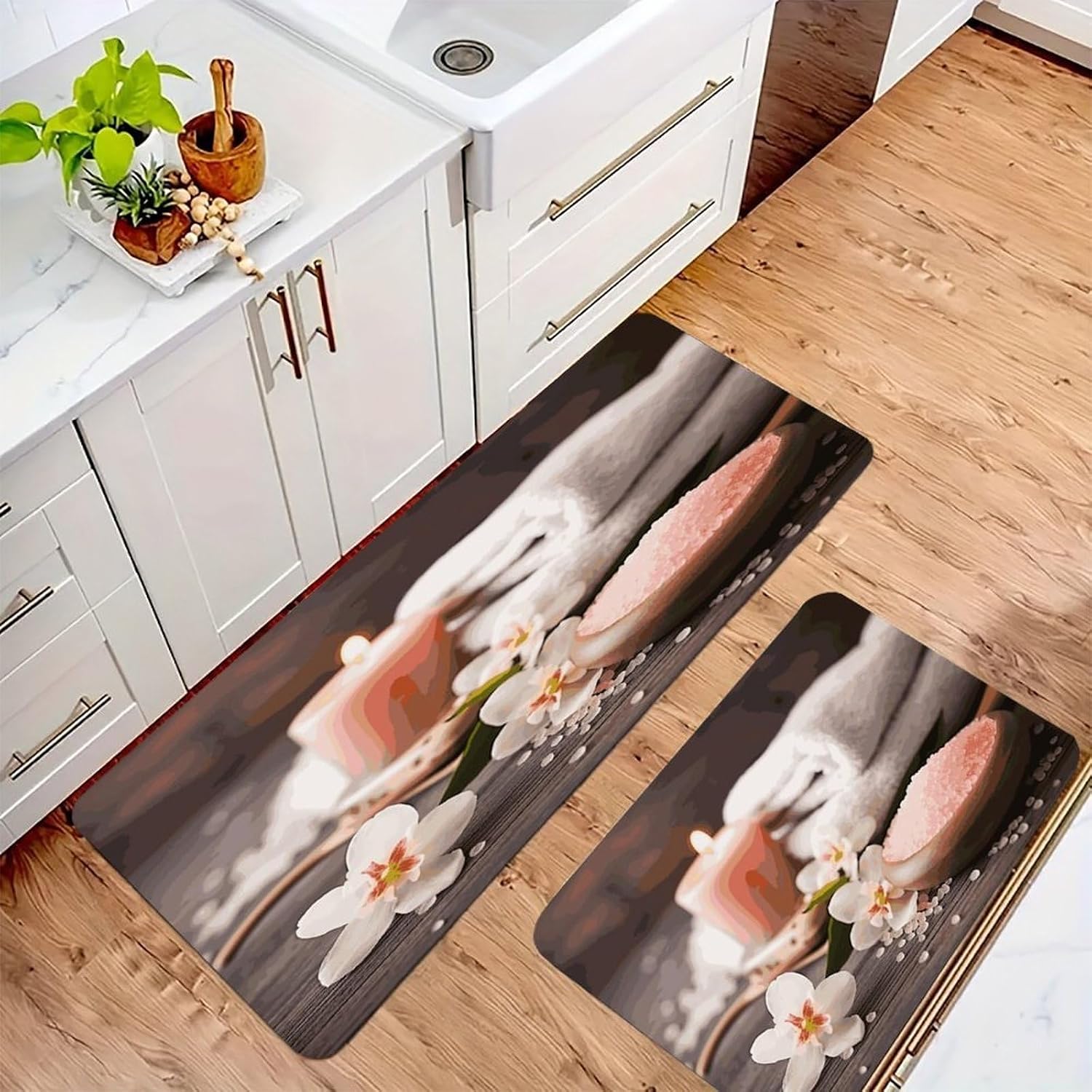 Spa Theme Kitchen Mat Kitchen Rug Set | Kitchen Rugs Flannel Velvety Washable breathable Water Absorbent Soft ，kitchen utensils for Kitchen, Floor,Laundry