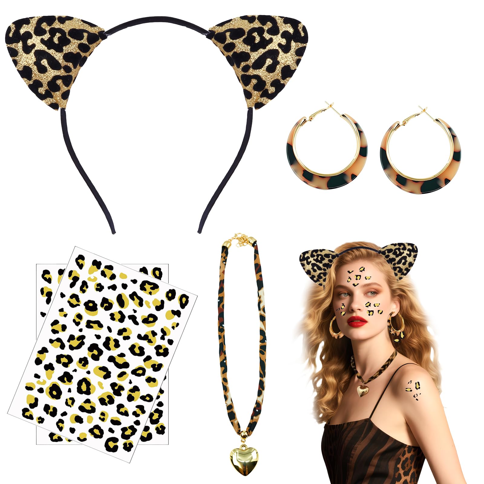 NebulaGlam Disfraz Leopardo Mujer Niño, Conjunto de Disfraz de Leopardo con Leopardo Diadema Tatuaje Pendientes Collar para Halloween Carnaval Cosplay