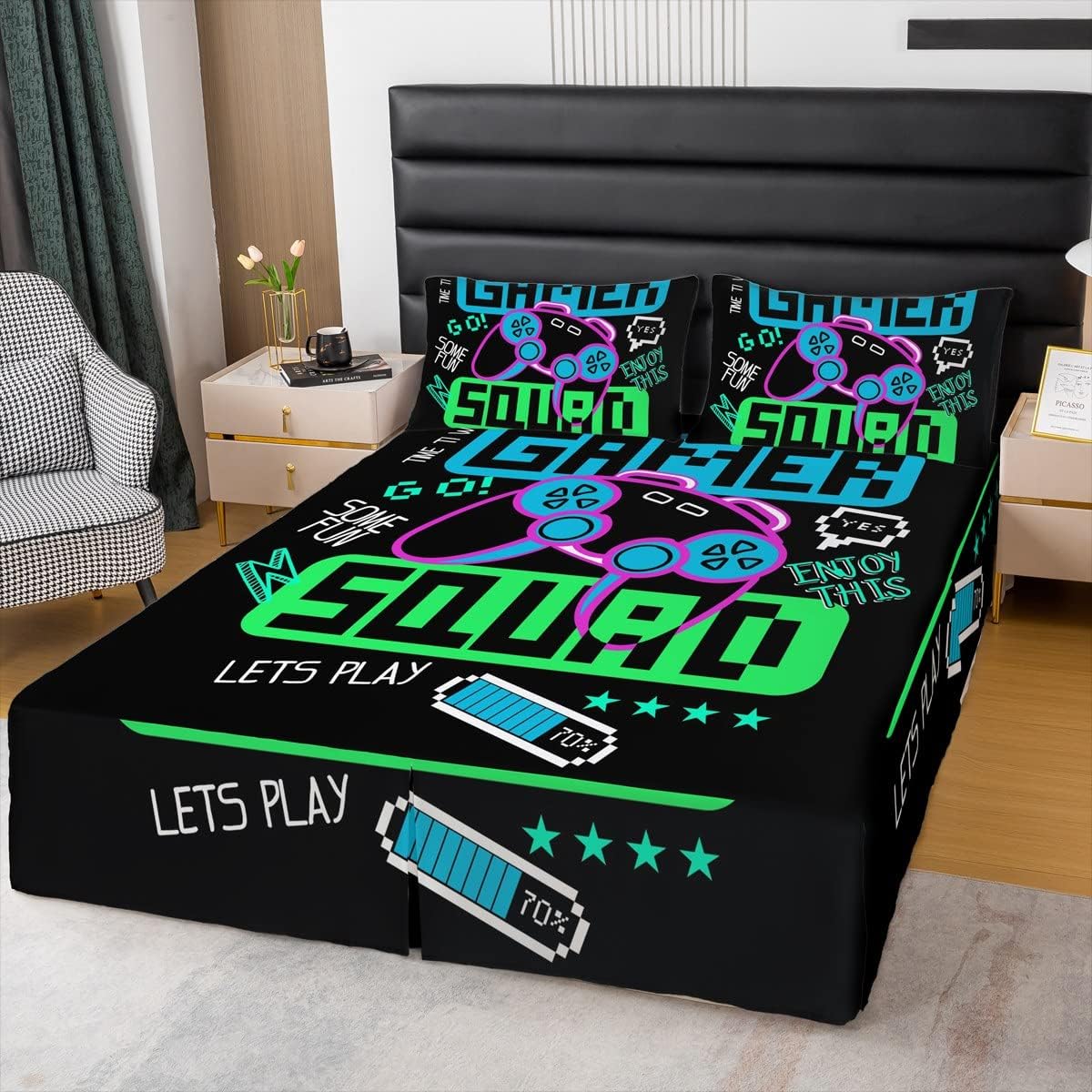 Erosebridal Boys Gamer Bed Skirt Modern Novelty Video Games Gamepad Bed Skirts, Teens Girls Kids Player Gaming Joysticks Pattern Bedskirt Youth Gifts Game Room Home Decor Bedding Set, Queen Size