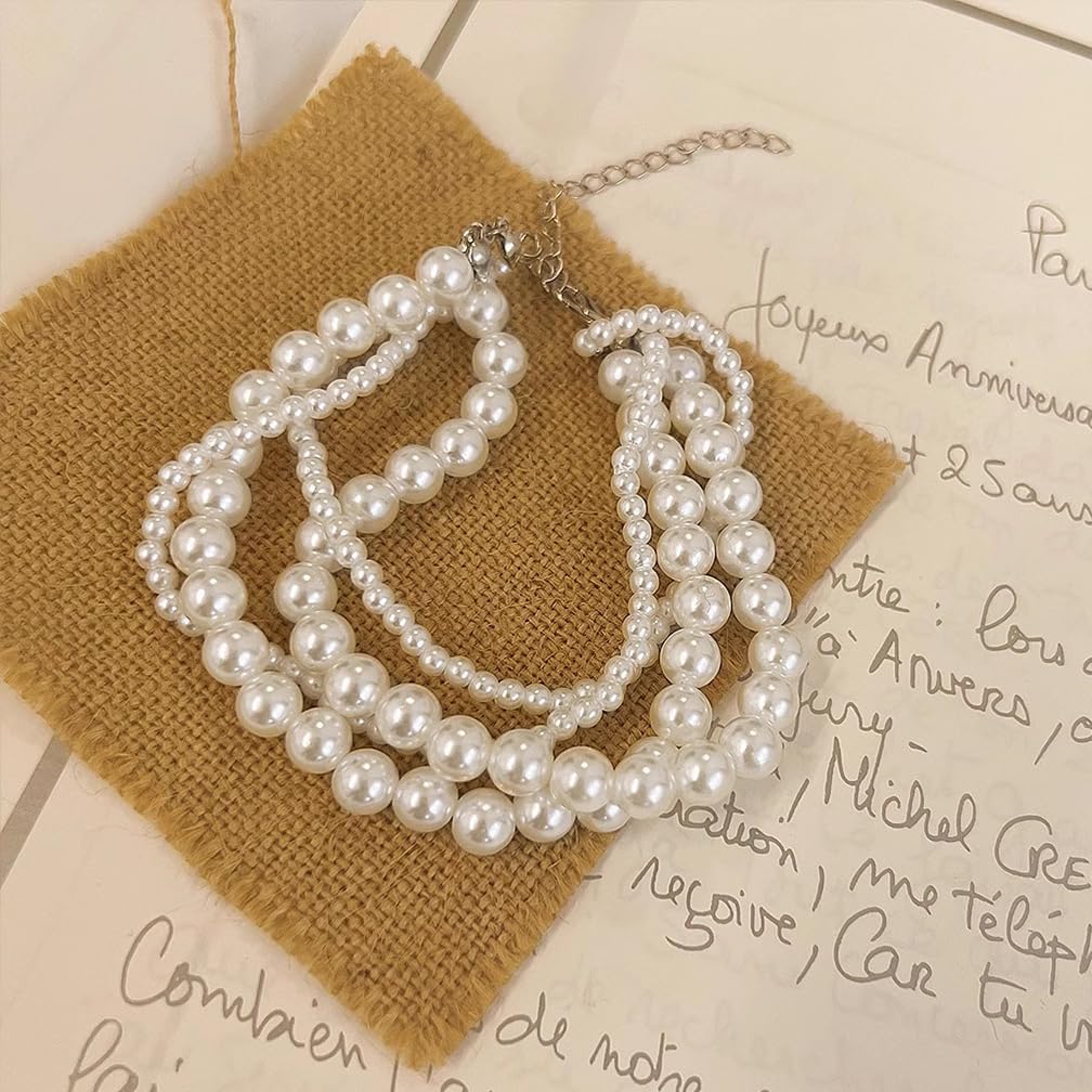Cute Layered White Pearl Bracelets Sets for Women Fashion Freshwater Pearls Layering Statement Bracelet Stack Strand Beaded Bangles Dainty Aesthetic Jewelry - Image 5