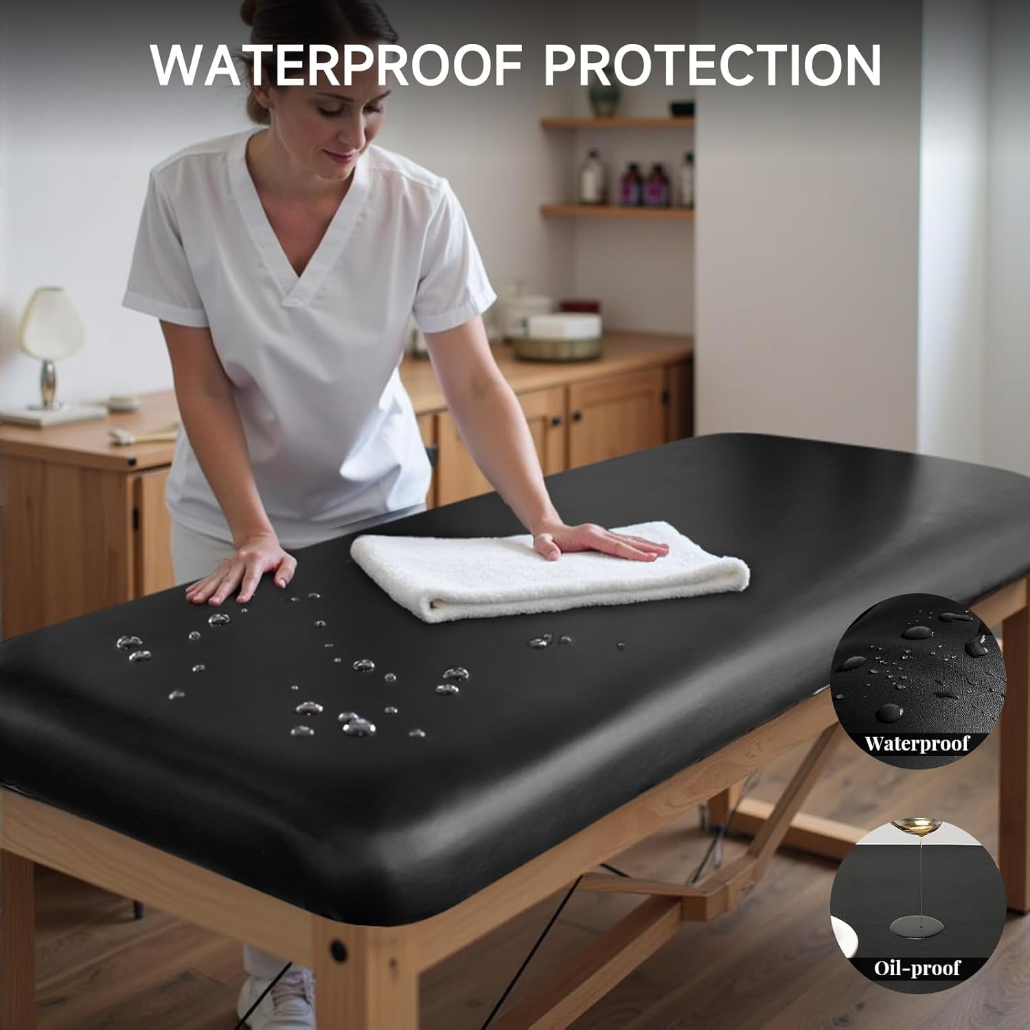 PU Leather Massage Table Cover Wipeable Vinyl Massage Table Cover Waterproof & Oilproof Lash Bed Covers Fitted 32" Wide (Black, 1 PCS)