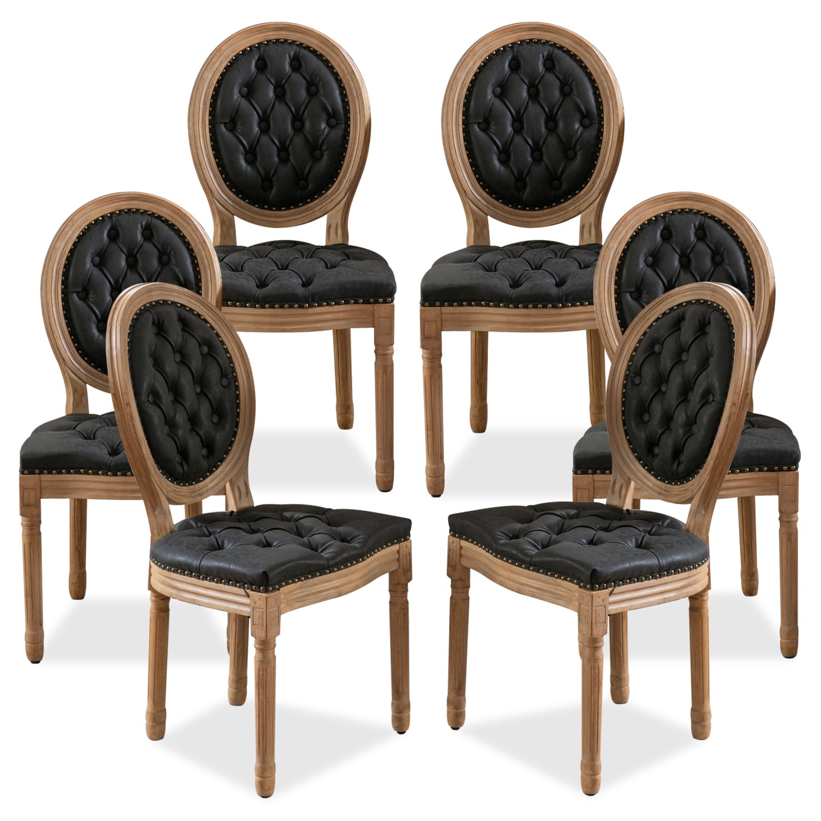 SoarFlash French Dining Chairs Set of 6, Vantage Dining Chair with Round Back, Farmhouse Country PU Leather Dining Chair for Kitchen,Bedroom,Black