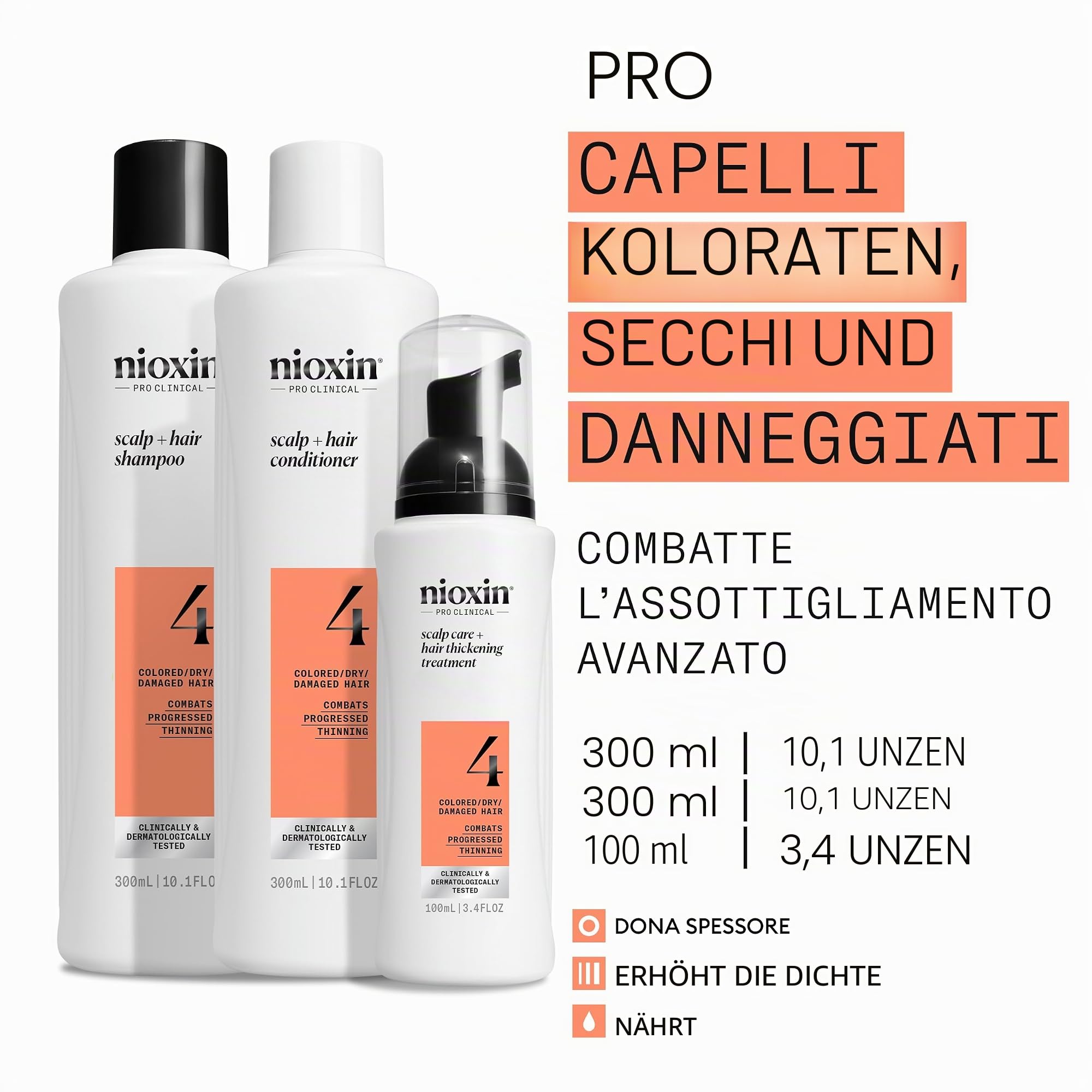 Nioxin Scalp + Hair Thickening System 4 Triphasisches Kit - Coloriertes/trockenes Haar mit erweiterter Ausdünnung - Shampoo, Conditioner, Behandlung für die Haut (300 + 300 + 100 ml)