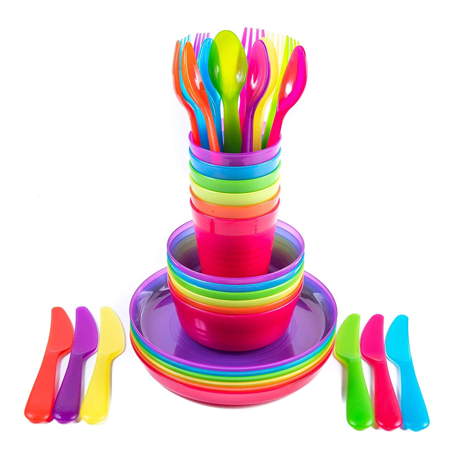 Plastic Dinnerware Set For 6, Reusable Plastic Dishes Set Include 36 Pieces (Plates, Bowls, Cups and Flatware) Rainbow Colours for Party Picnic, Reusable, BPA-Free, Dishwasher Safe, Microwaveable