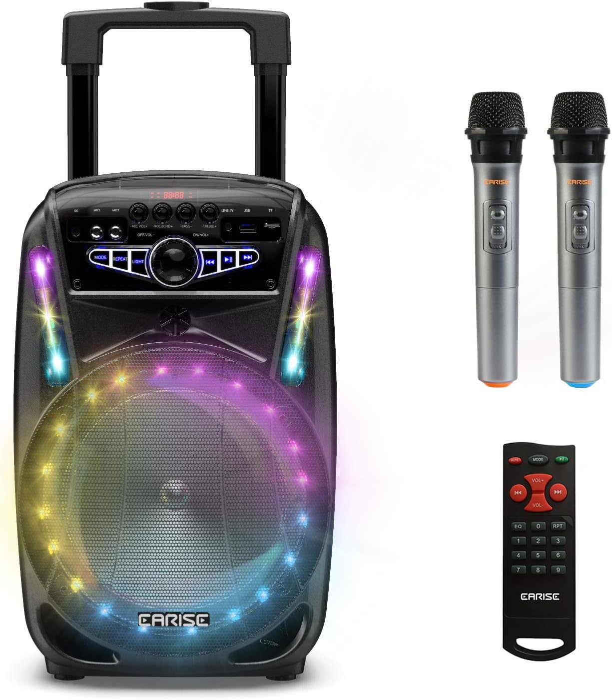 EARISE M15 Karaoke Machine with two wireless microphones and a remote control