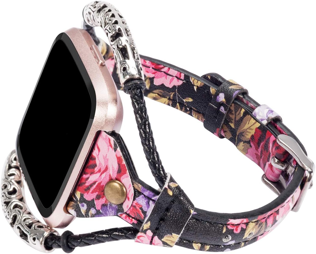 TOYOUTHS Leather Strap Compatible with Fitbit Versa/Versa 2 Bands for Women Slim Genuine Leather Wristbands Replacement Versa Lite Special Edition Dressy Handmade Accessories Black/Red Flower Pattern