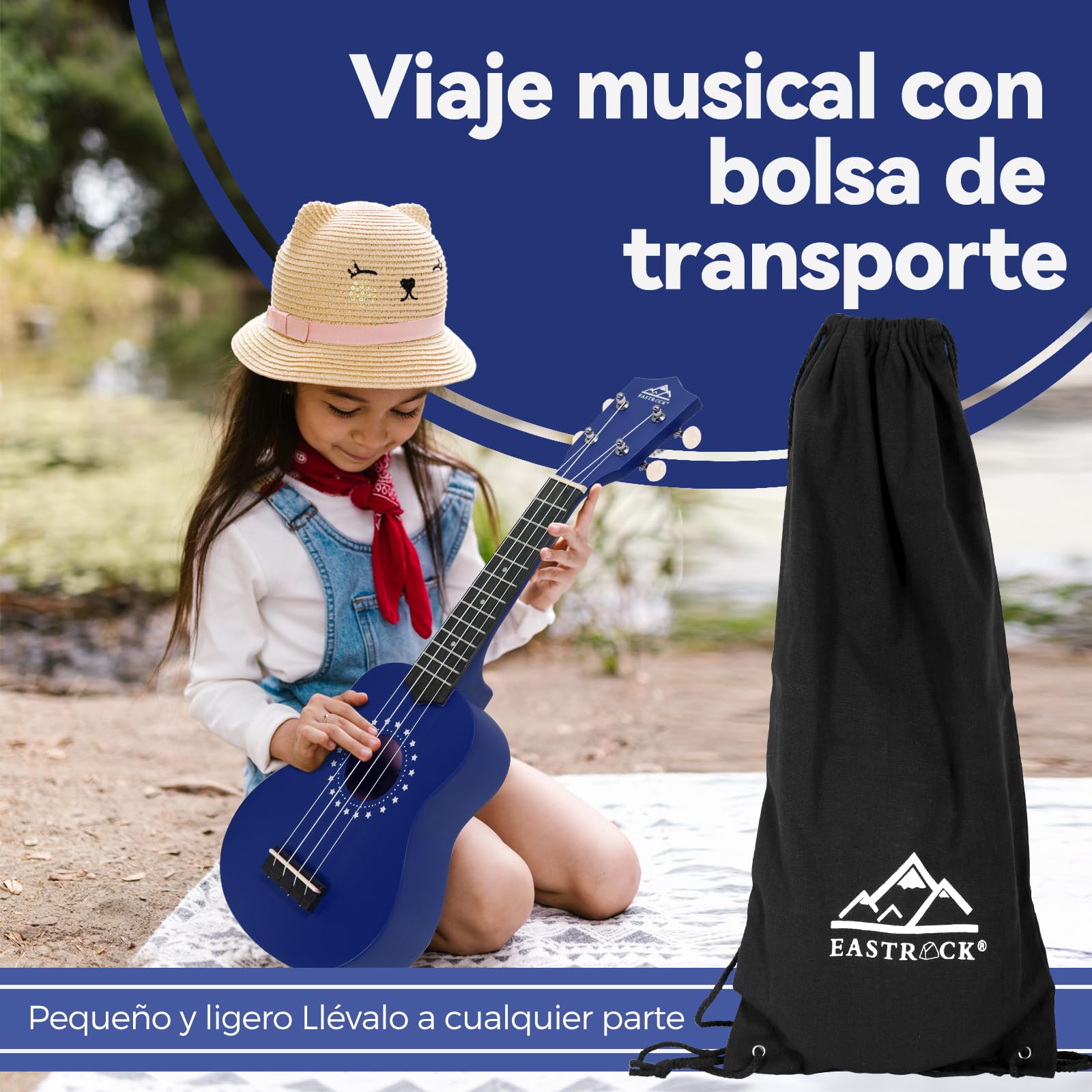 EASTROCK Ukelele Soprano de 21 Pulgadas, Kit de Ukulele para Principiantes con Bolsa, Cuerda, Manual de Instrucciones (Azul Marino)