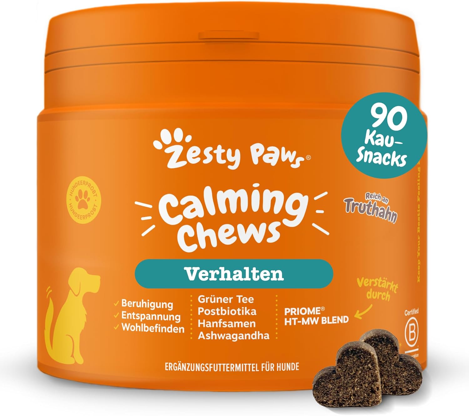 Zesty Paws Beruhigende Kausnacks für Hunde, Entspannungs- und Antistressmittel für Hunde, Ashwagandha, grüner Tee und L-Tryptophan, für alle Rassen, mit Truthahngeschmack, 90 Stück