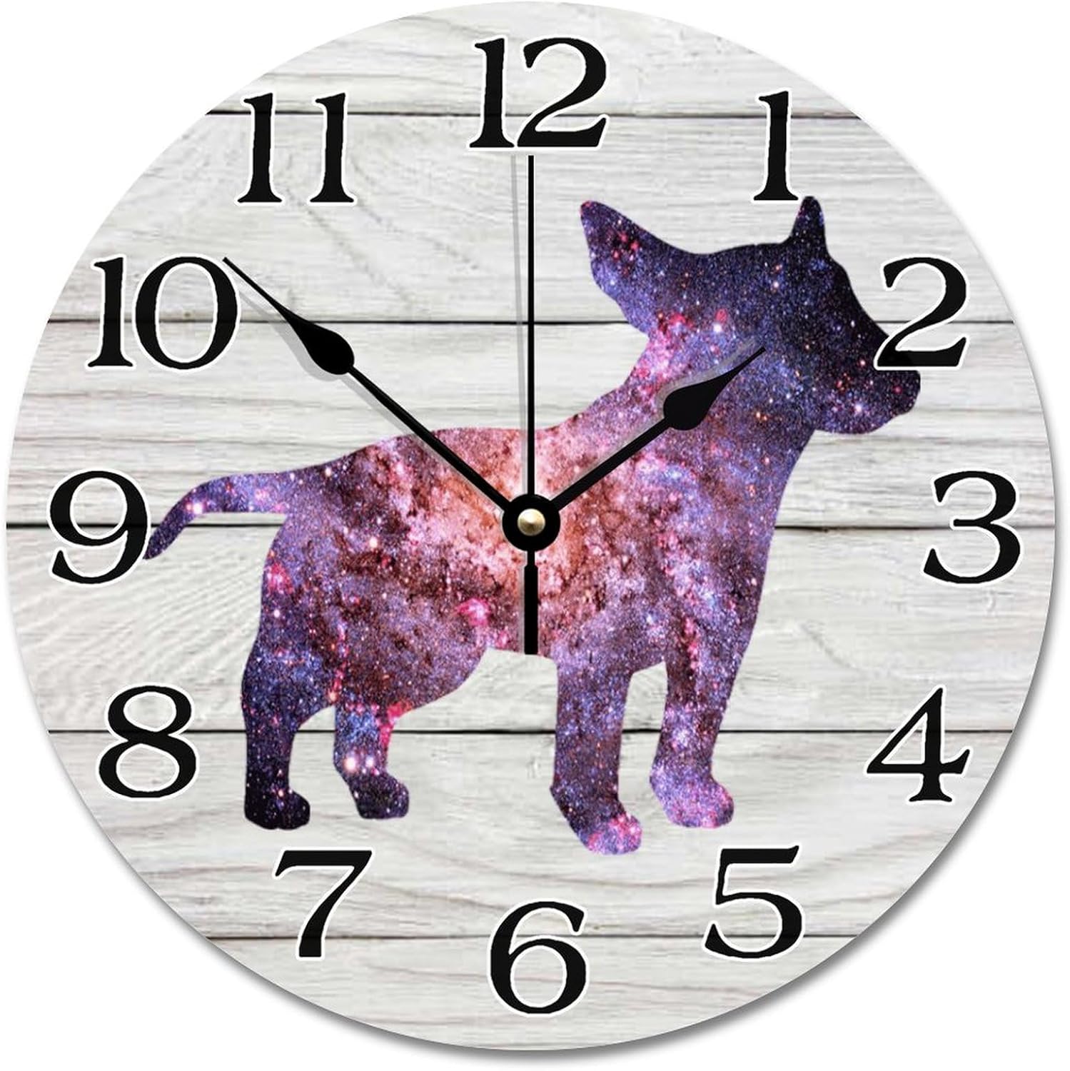Starry Sky Silhouette Dog Bull Terrier Round Wooden Wall Clock 12x12 in Retro Silent Non-Ticking Battery Operated Wood Clock for Office Home Decor Wall Art Birthday Gifts for Dog Mom