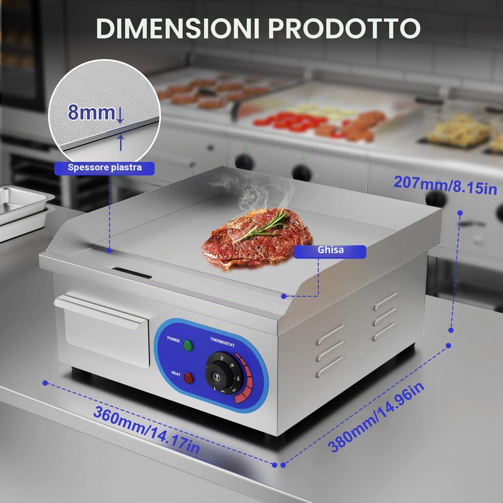 TAIMIKO 14" Piastra elettrica in acciaio inox Grill da tavolo professionale 220-240 V 1700 W Piastra grill in ferro superficie liscia anti-spruzzi (35,5 x 30 cm)