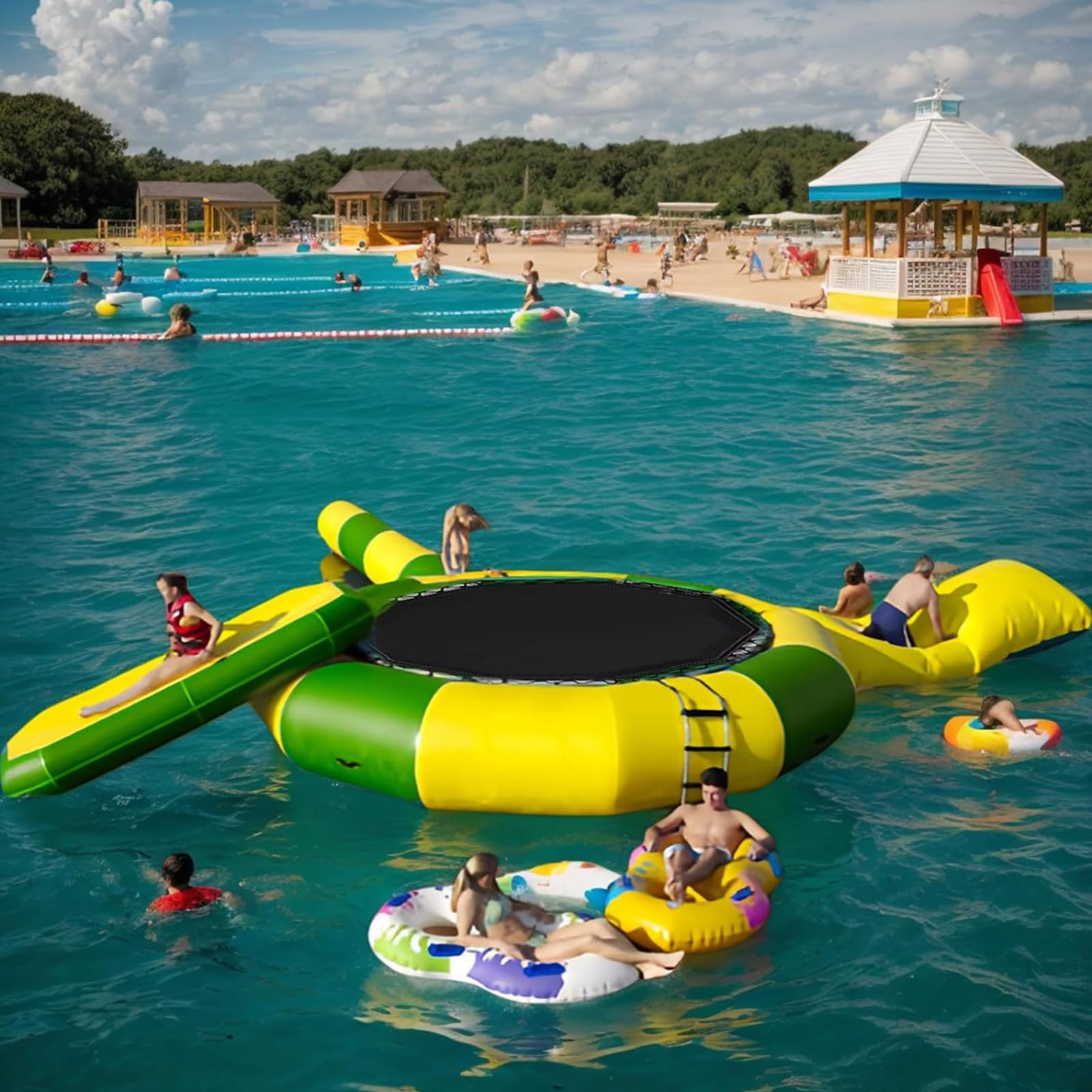 Water Inflatable Trampoline, 10Ft 13Ft 16Ft Water Slide/Lake Trampoline Inflatable Bounce Swim Platform for Adults and Kids, Bounce Splash Pad (
