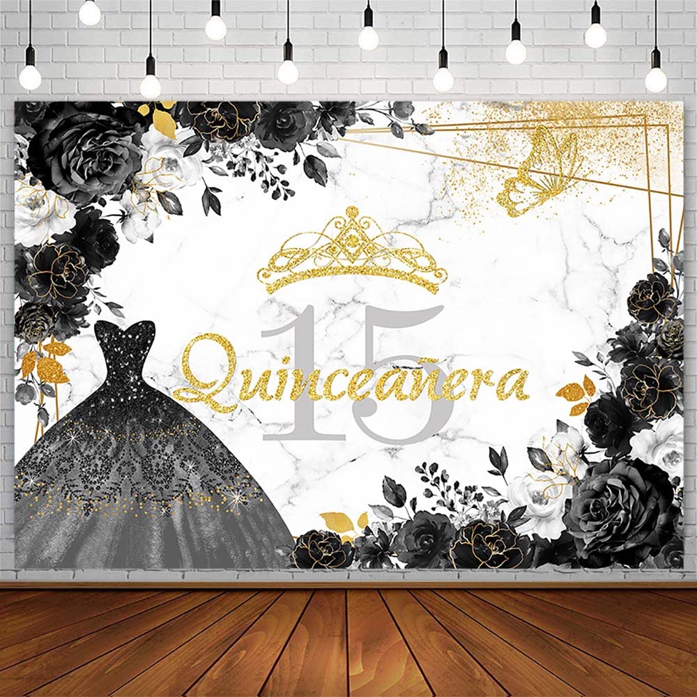 10x7ft Black Gold Quinceanera Birthday Backdrop for Sweet Girl Princess Mis Quince Anos 15th Birthday Party Photography Background Marble Glitter Butterfly Decoration Banner Photo Booth Studio