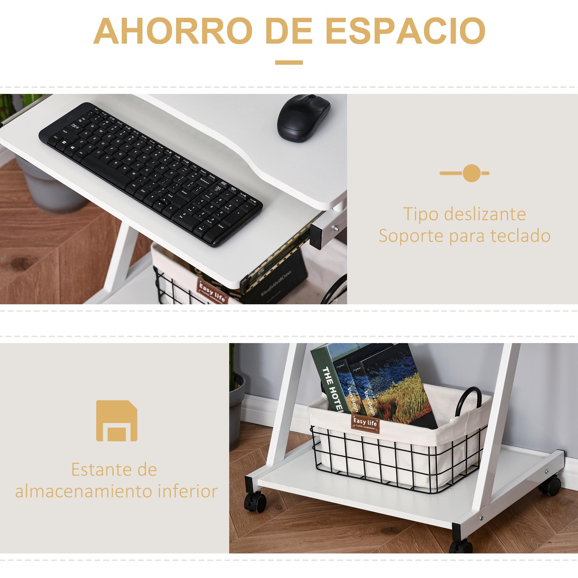 HOMCOM Mesa de Ordenador con Ruedas, 60x48 cm, Escritorio de Ordenador Moderno con Bandeja Deslizante para Teclado y Estante Inferior, Marco Metálico en Forma de Z, para Oficina, Estudio, Blanco