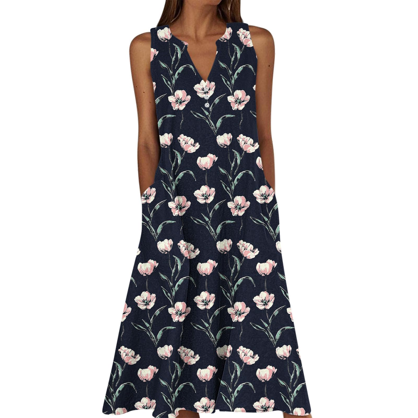 Summer Floral Print Midi Dresses for Women Boho Sleeveless V Neck Tank Dress Beach Vacation Sundress with Pockets — view 20