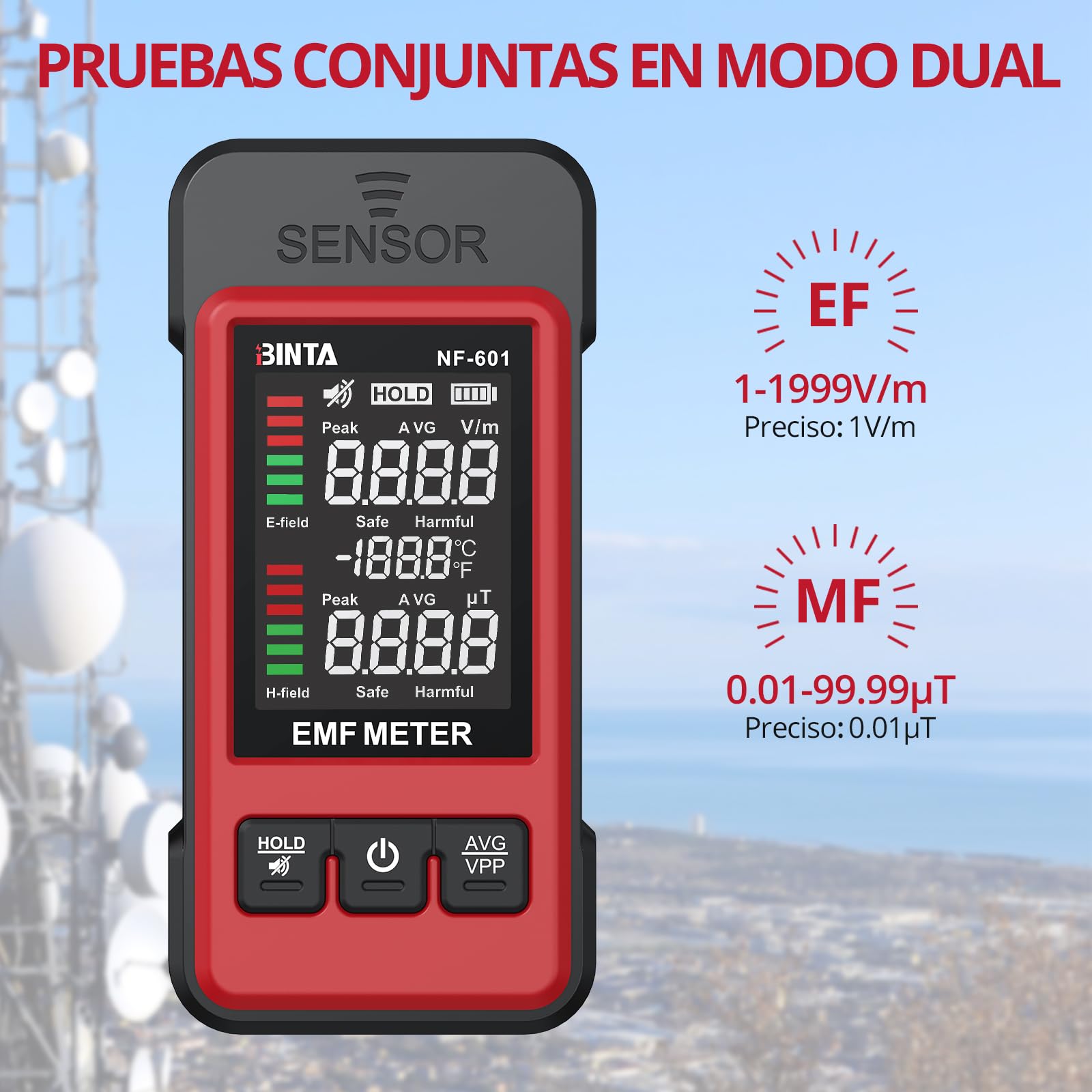 BINTA Medidor EMF, Medidor de Radiación 2 en 1 para Señal EF MF WiFi, Detector EMF para Inspección del Hogar, Oficina, Exteriores y GhostHunting con Registrador de Datos, Alarma