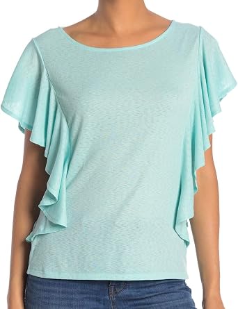 RACHEL Rachel Roy Womens Greta Ruffled Scoop Neck T-Shirt Blue XL