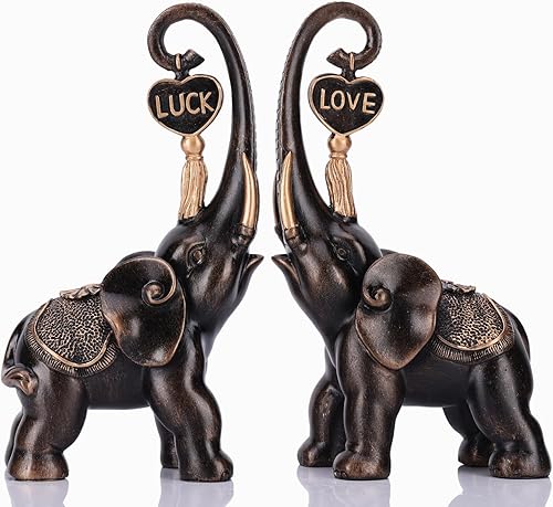 Juego de 2 estatuas de elefante de bronce, escultura de elefante de amor, decoración de elefante de la suerte para estatuas de decoración del hogar,