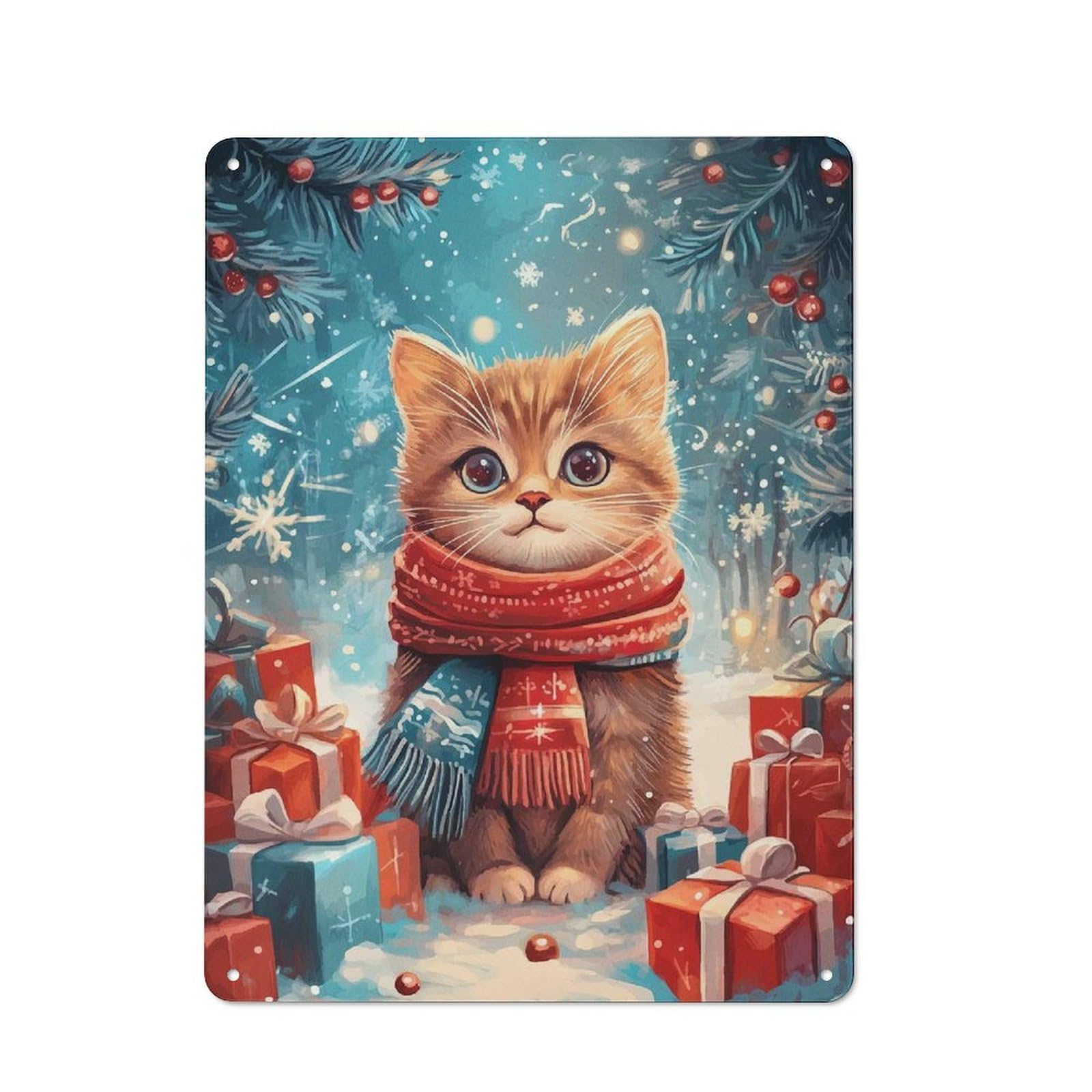 Junmoney Christmas Kitten Metal Wall Sign 40X30cm Featuring For Home Bar Wall, Suited To Bar Sign Collectors