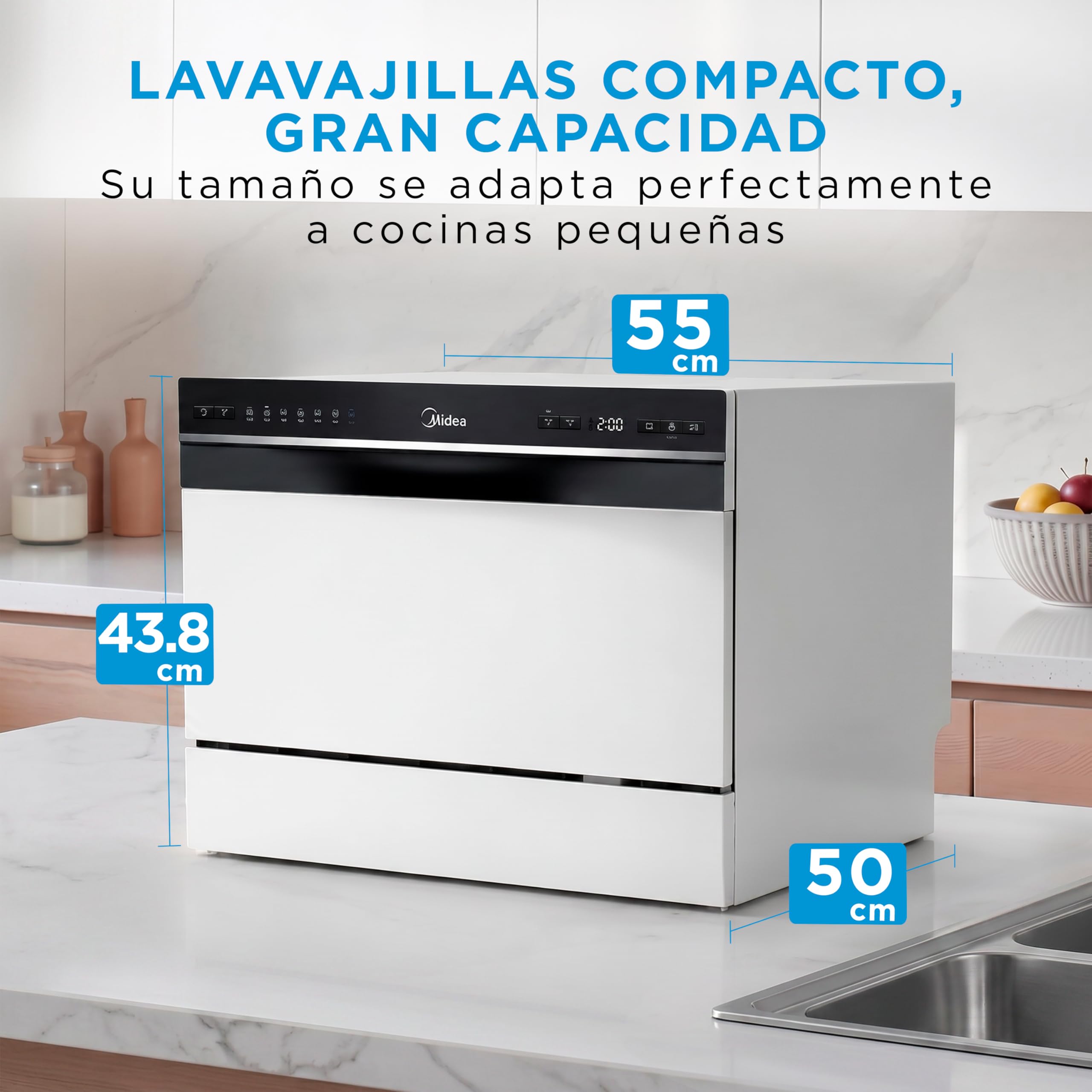 Midea Lavavajillas Pequeño Blanco 55cm de 6 servicios - Lavavajillas Compacto y Portatil sin Instalación - Lavaplatos con App Control, 6 Programas, Modo ECO, Filtro Antibacterias, Función Secado, 49db