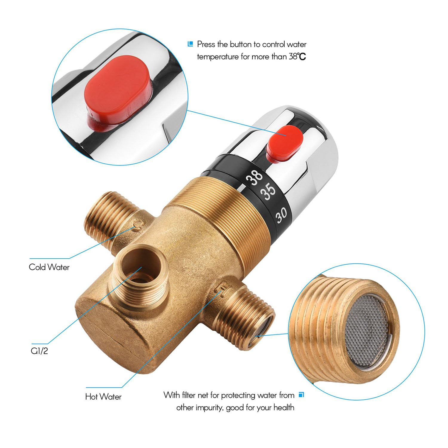 Válvula termostática de control de temperatura, mezcla de agua fría y caliente, mezclador de latón, desviador de tres vías para sistema de calefacción solar, tubería, bañera, cocina, uso doméstico