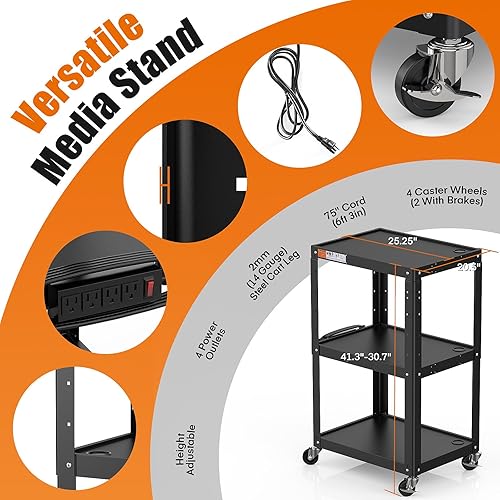 Miniatura 8 de Carrito utilitario de metal de 3 estantes, carrito de computadora duradero con ruedas con tira de alimentación, soporte de presentación AV ajustable