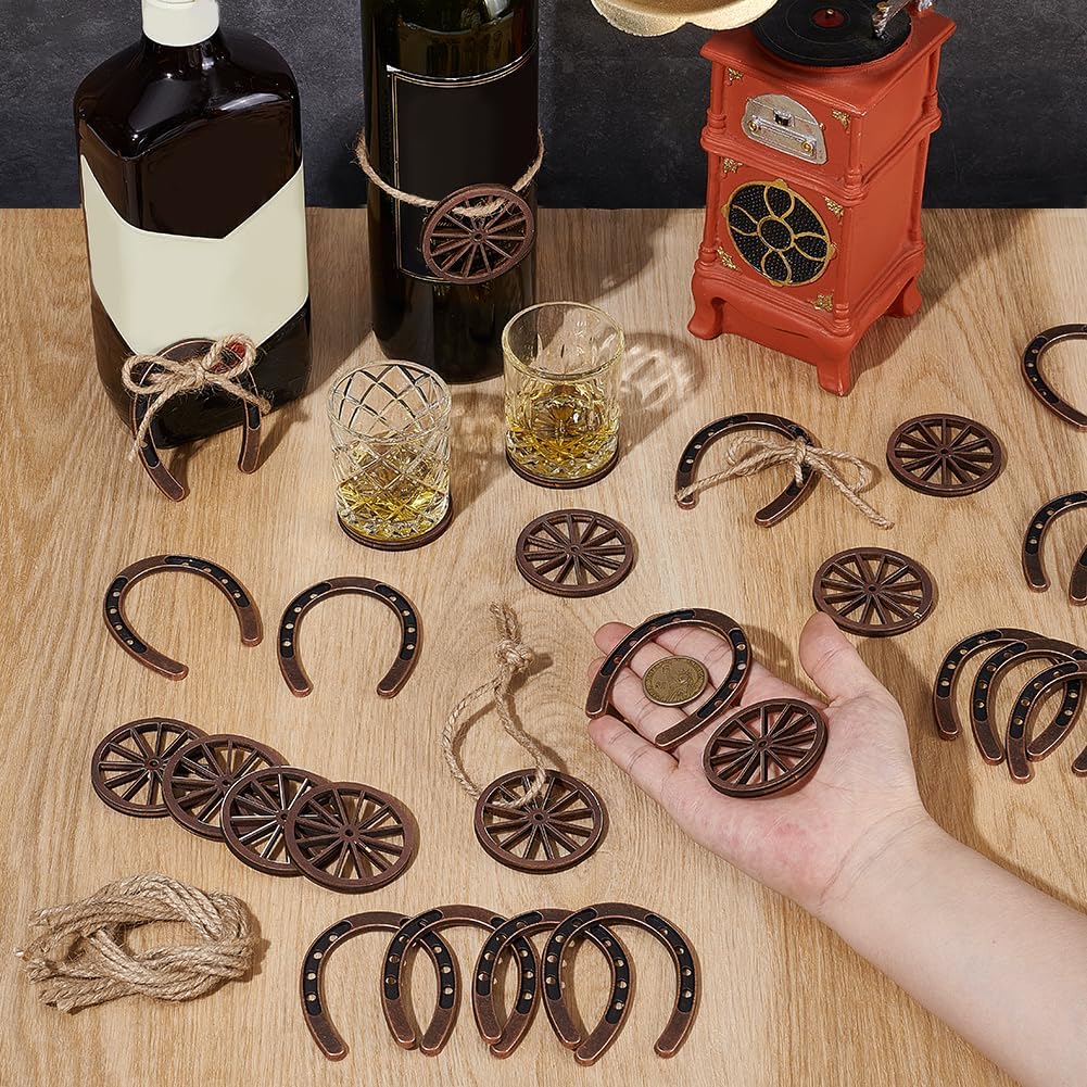 56 Pcs Western Theme Party Decorations, Western Centerpieces for Table, 28 Mini Horseshoes Decor, 28 Mini Wagon Wheel Decor for Craft Westerns Cowboy Party Birthday Wedding Favor Supplies