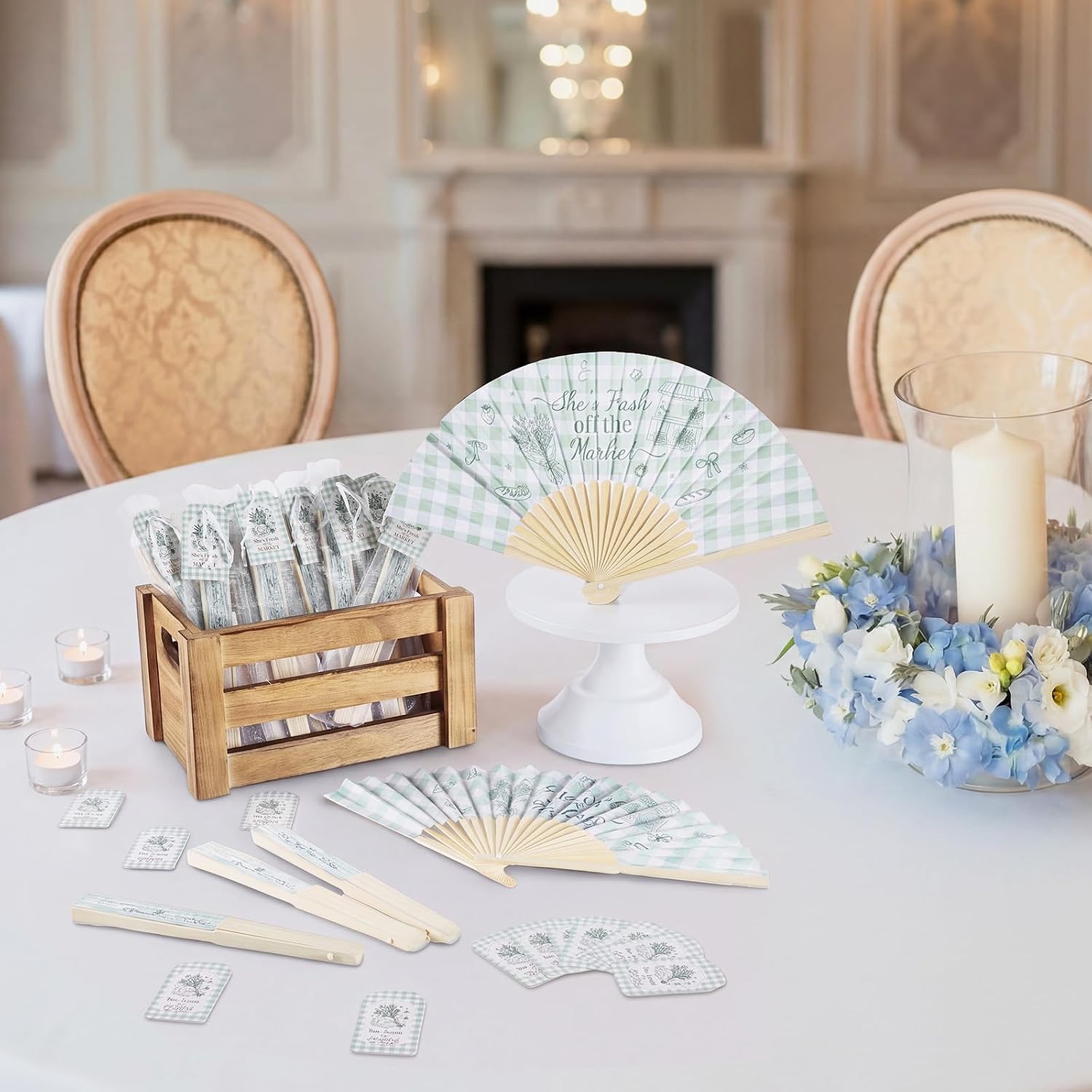 Pinkunn 25 Set Fresh off The Market Bridal Shower Favors Wedding Fans for Guests Bulk Foldable Hand Fans with Cards Organza Bag Sage Green Folding Handheld Paper Fan Gift for Bridal Shower Party Decor