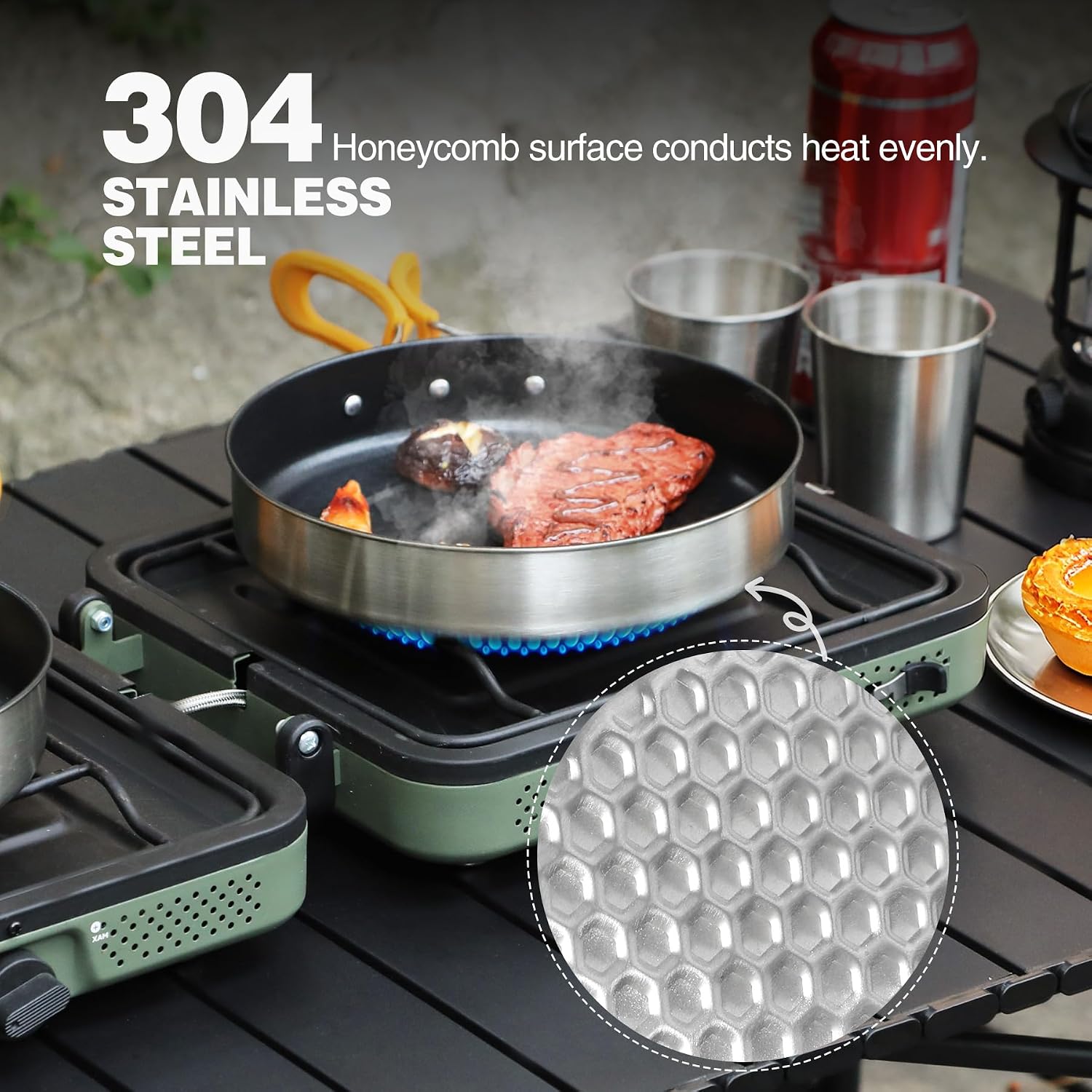 REDCAMP 2Pcs Nonstick Frying Pan Set, Stainless Steel Camping Skillet with Foldable Handle for Easy Storage, Lightweight Portable Cooking Pan for Egg Steak Outdoor Kitchen Backpacking