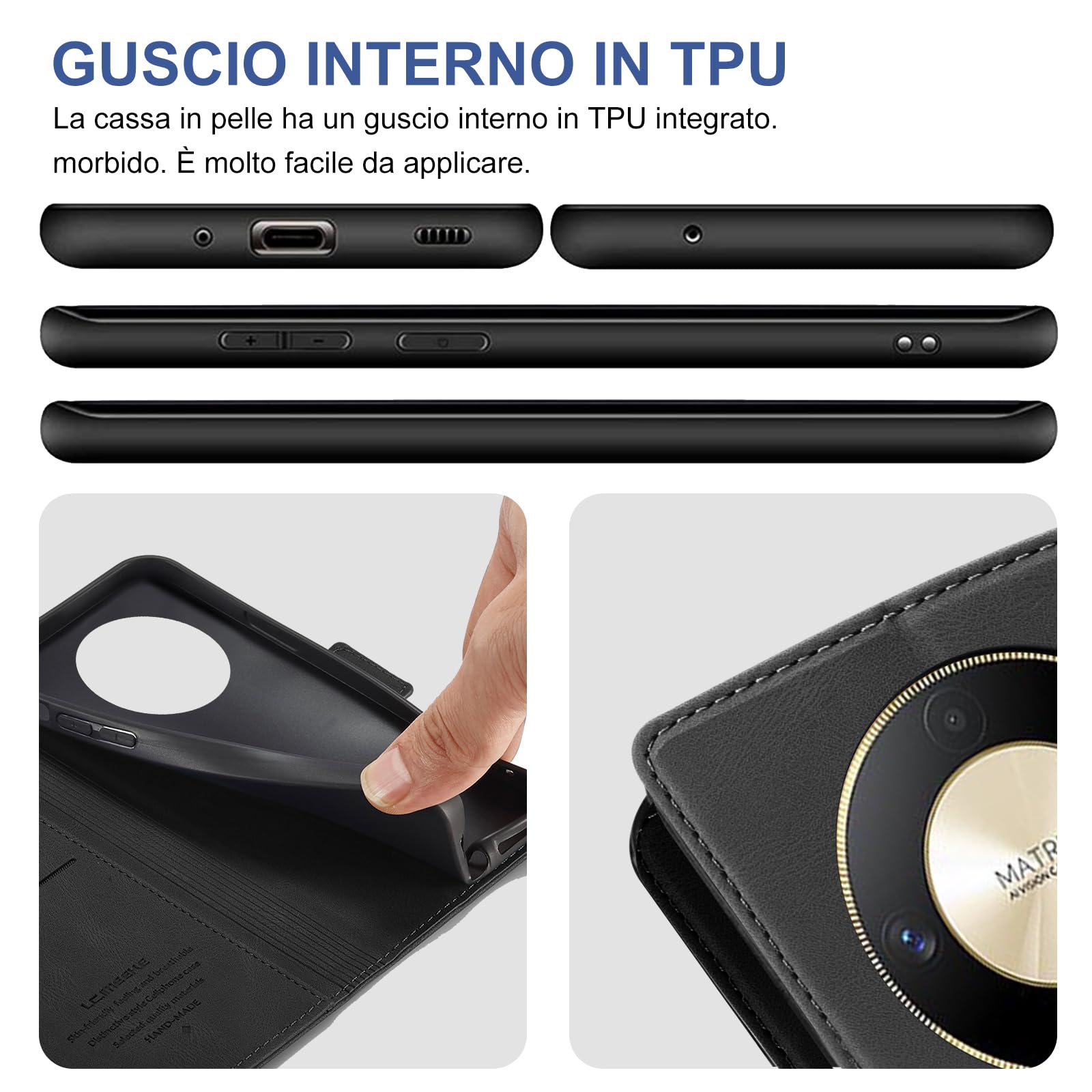 Giyer Cover Honor 200 Lite Con Vetro Temperato - Custodia Portafoglio In Pelle PU, Antifurto RFID, Supporto (Nero)