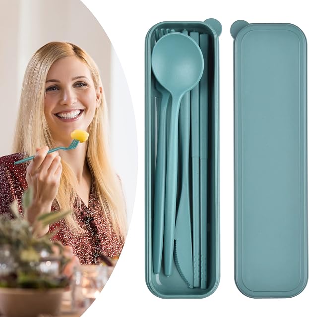 Spoons and Forks Set Reusable Utensils Set with Case Cutlery Set for Travel Picnic Camping or Daily Use Utensil Sets for Lunch (1pc Green)