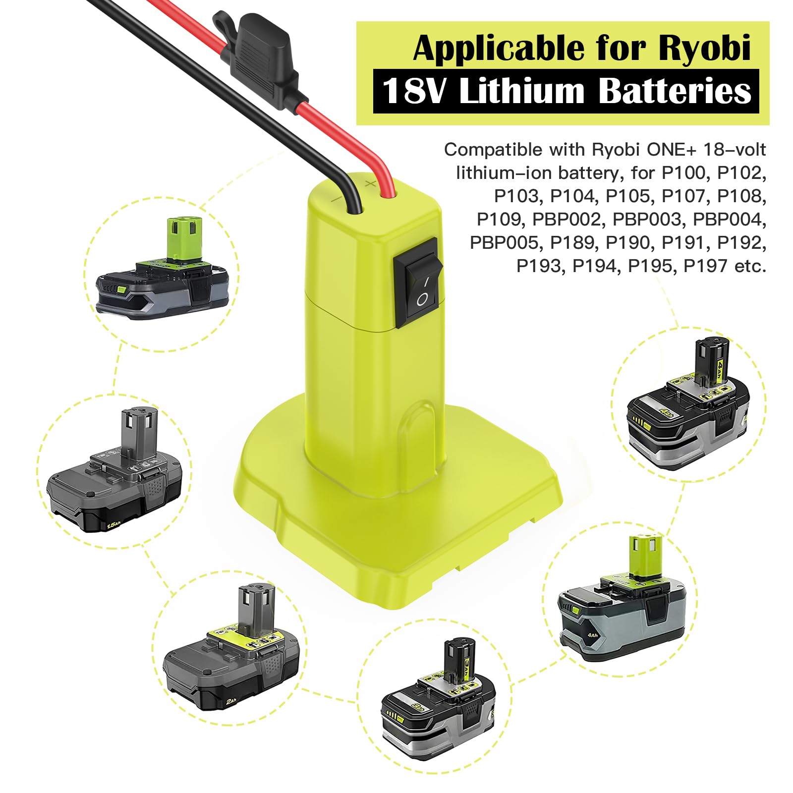 Power Wheel Adapter für Ryobi 18V Akku Adapter Power Wheel Batteriekonverter mit Kabelbaum Stecker Kompatibel mit Peg-Perego Kinderreitspielzeug 12AWG Drahtverbinder mit Schalter und Sicherung