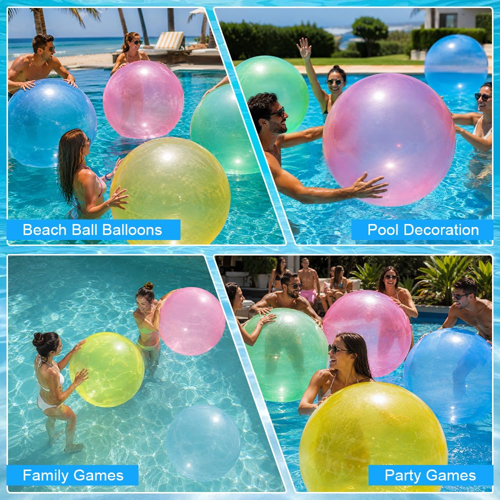 4 Pezzi Palla Gonfiabile, 120cm Palloni Gonfiabili Giganti, Palloncini Trasparenti, Giganti TPR Pallone Gonfiabile Gigante per Feste All'Aperto con Palloni da Spiaggia (Blu,Rosa,Verde,Giallo)