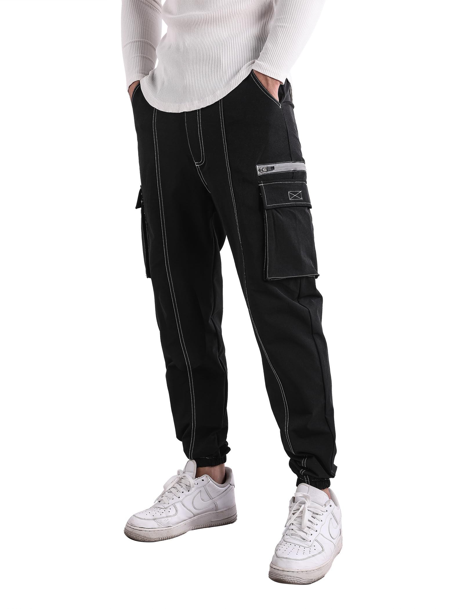 FIRSTGYMMen's Tapered-Fit Casual Chino Cargo Pants Elastic Waist Multi Pockets Longs