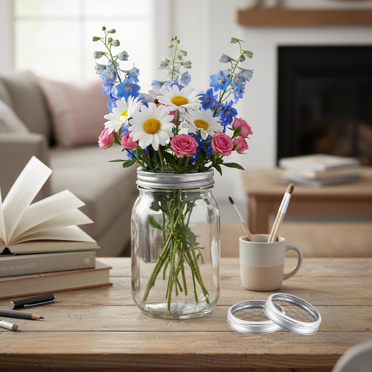 15 Pcs Wide Mouth Mason Jar Lids Insert Metal Flower Organizer Grid Design