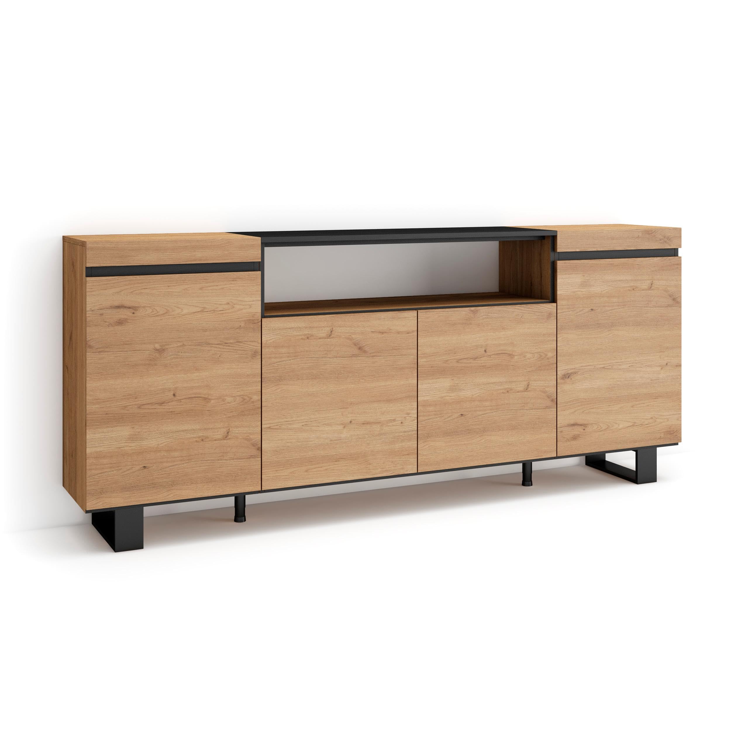 Skraut Home | Aparadores para salón | Gran Capacidad de almacenaje | 200x87x35cm | 4 Puertas | Diseño Industrial | Estilo Moderno | Roble y Negro