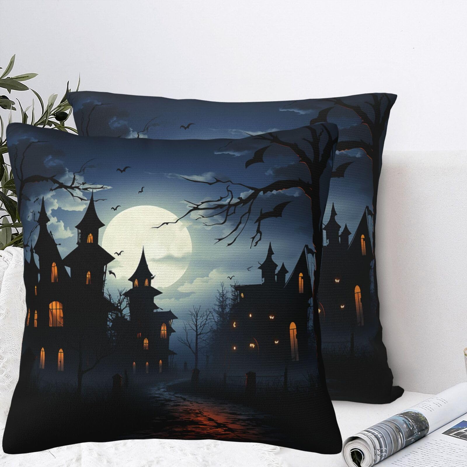QMKFWT Creepy Halloween Night Plush Throw Pillow Covers 16"X16",Soft Cozy Couch Cushion Covers Decorative Pillow Cases for Holiday Home Bedroom Sofa Decors
