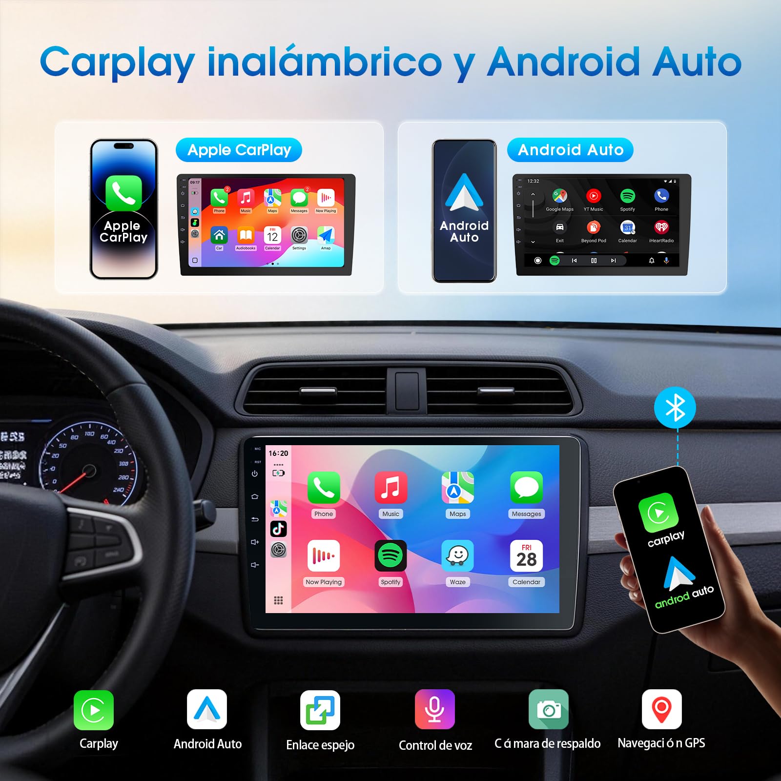 Haudio Radio para Coche 2 DIN con Apple CarPlay & Android Auto, Pantalla HD de 9 Pulgadas, Cámara de Marcha atrás HD, GPS, Control de Voz, Mirror Link, FM/Am/AUX, para Todos los Vehículos, 2+64GB