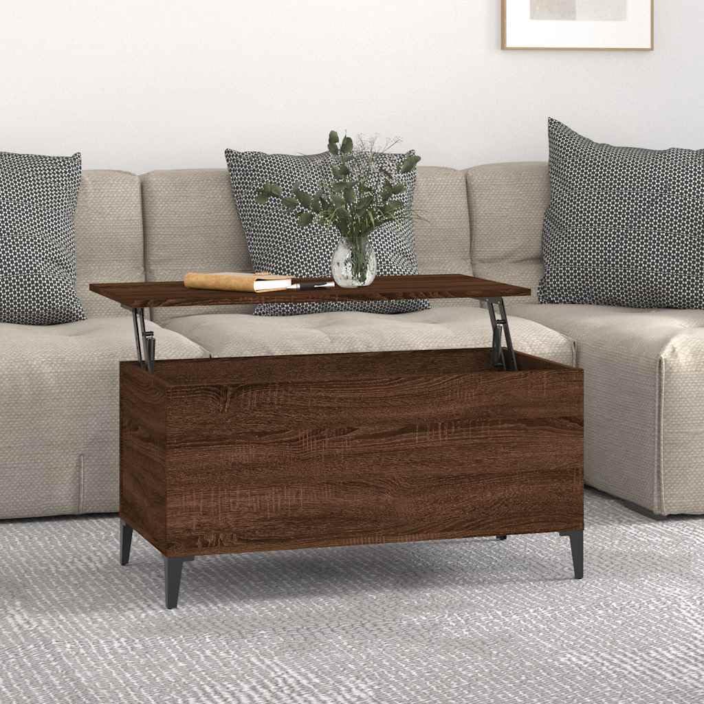 Stolik kawowy brązowy o wyglądzie dębu, 90 x 44,5 x 45 cm, materiał drewnopochodny z blatem o regulowanej wysokości, miejsce do przechowywania, trwałe wzornictwo, idealny do salonu, narożnika