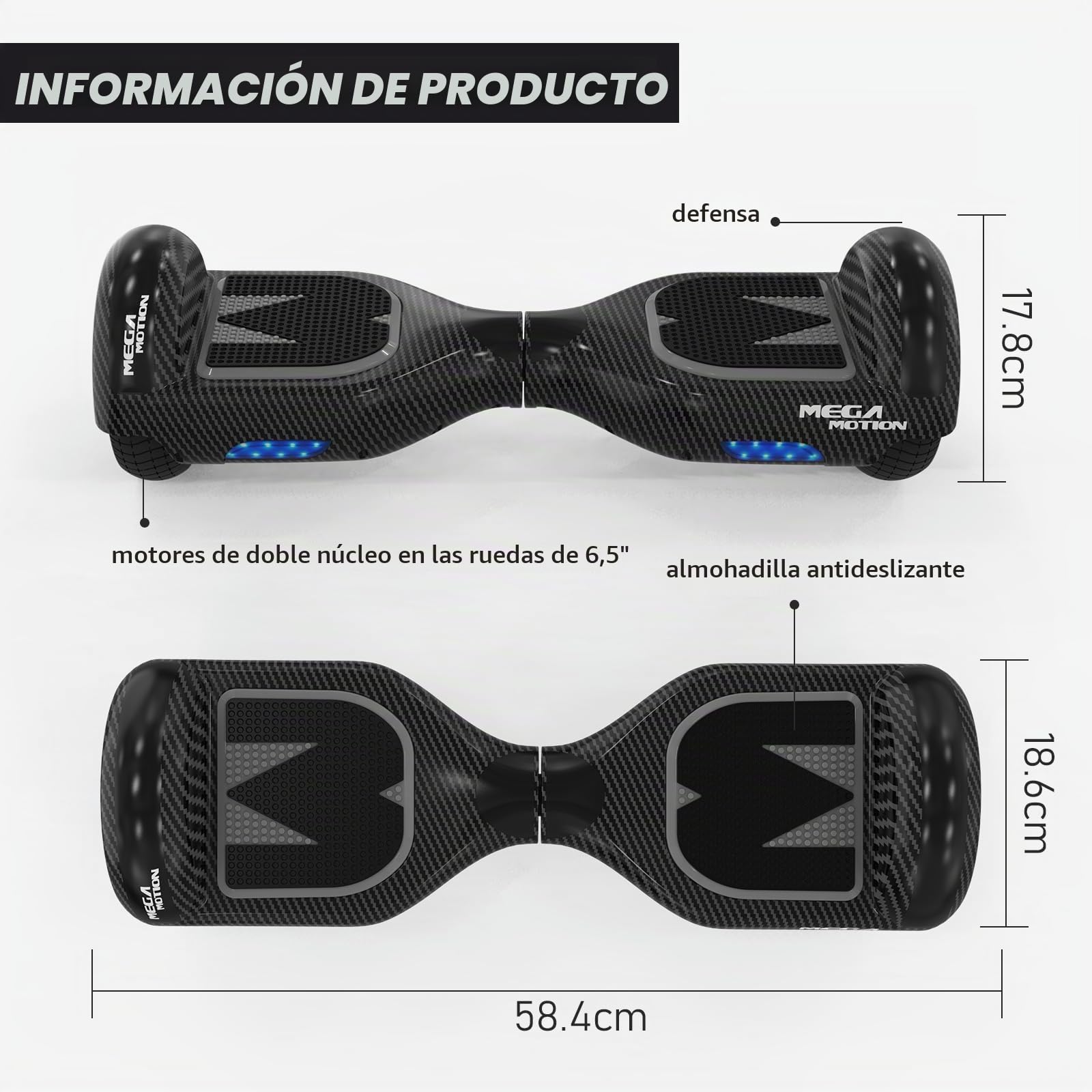MEGA MOTION Hoverboards para Niños, Hoverboards 6,5 Pulgadas con Altavoz Bluetooth, con Luces LED, Regalo para Niños y Adolescentes