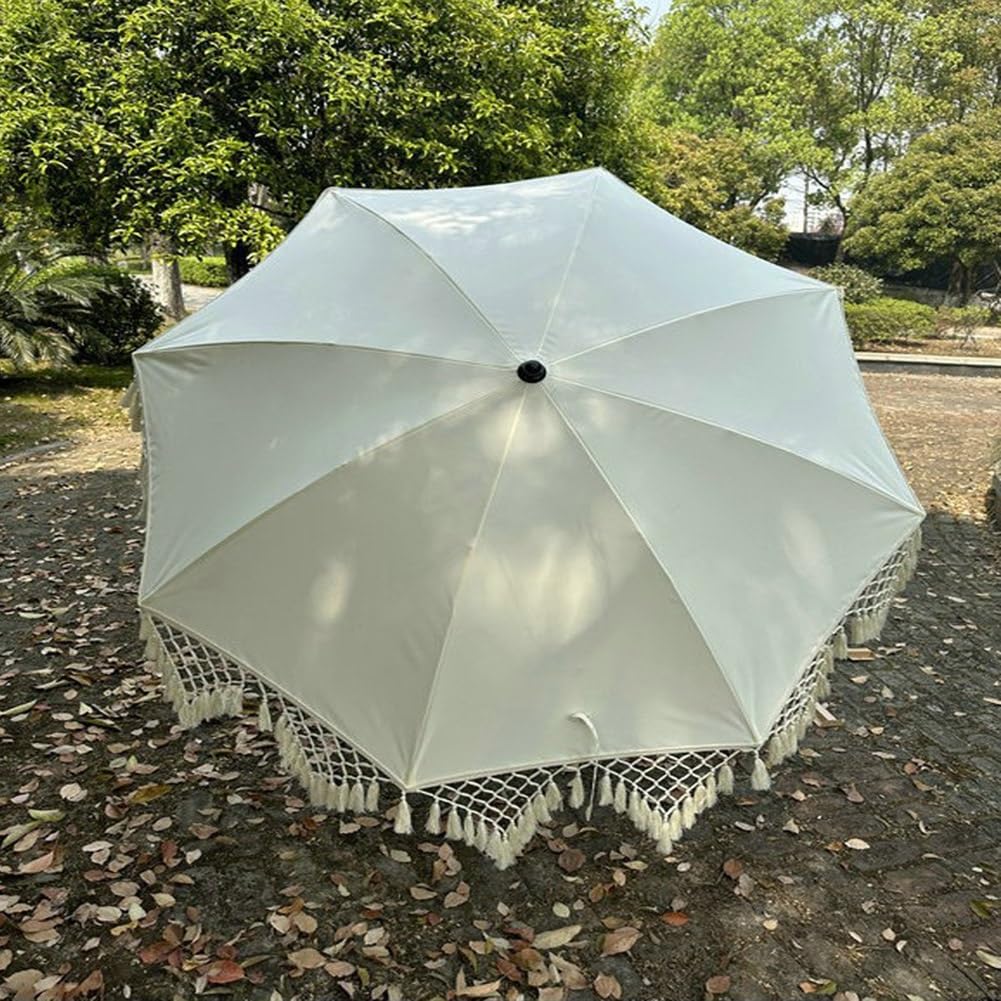 Ombrellone Boho con Frange per Patio Esterno, ombrellone da Spiaggia da 200 cm con inclinazione a Pulsante e palo in Acciaio Resistente, UPF50+, Bianco Antico